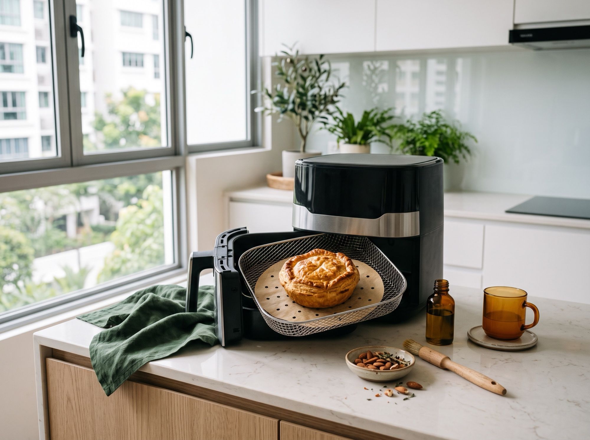 A personal-size pie being re-crisped in an air fryer basket