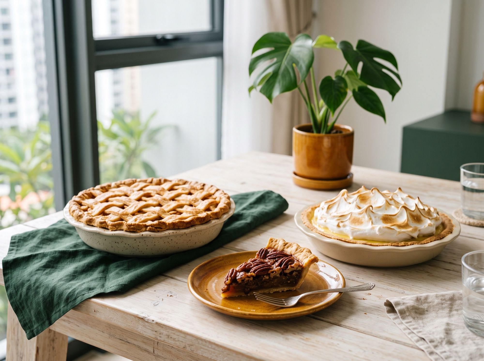 Sweet pies for dessert: a lattice apple pie, a slice of pecan pie and a lemon meringue pie
