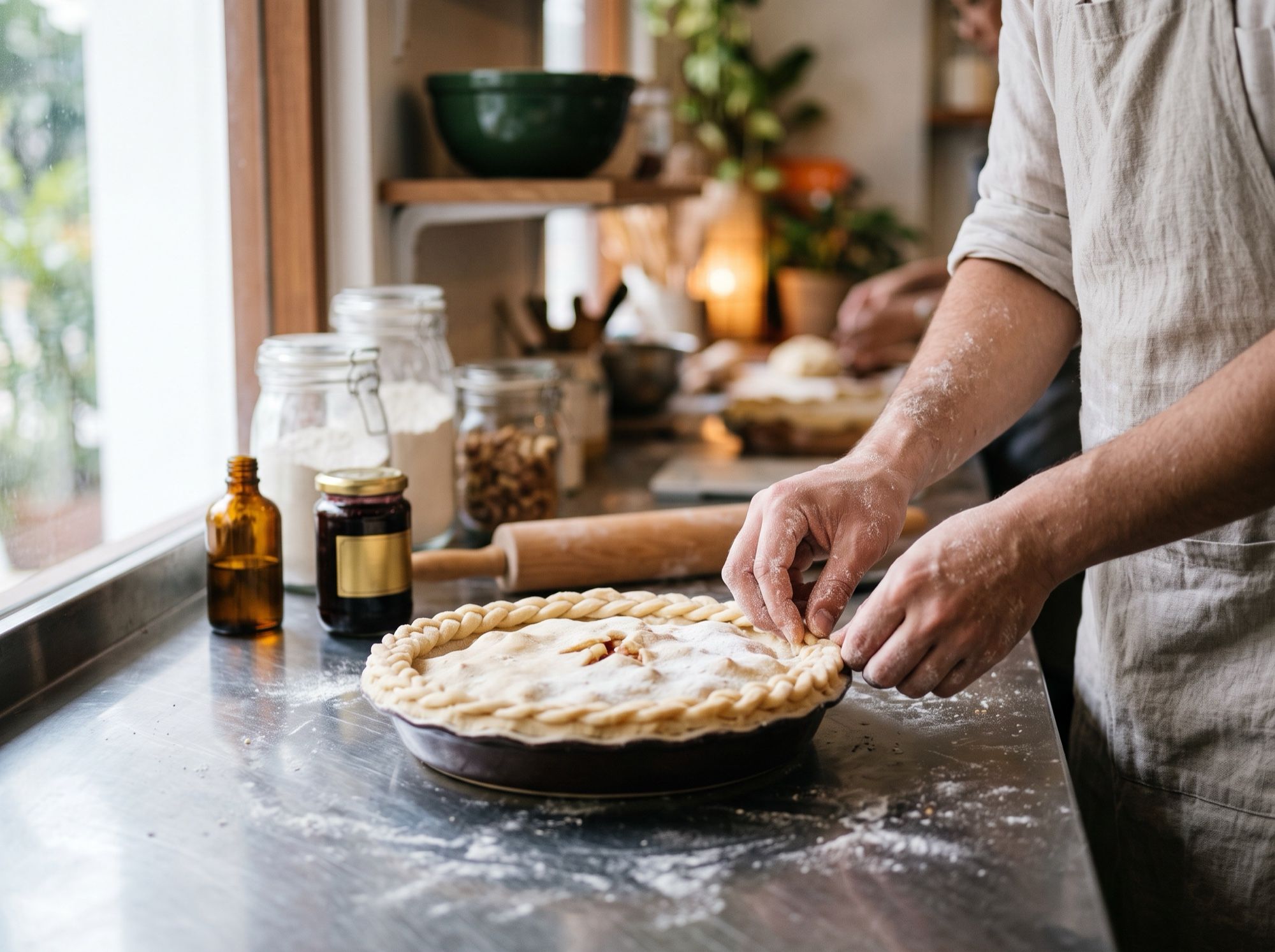A baker crimping the pastry edge of an unbaked pie on a steel bench