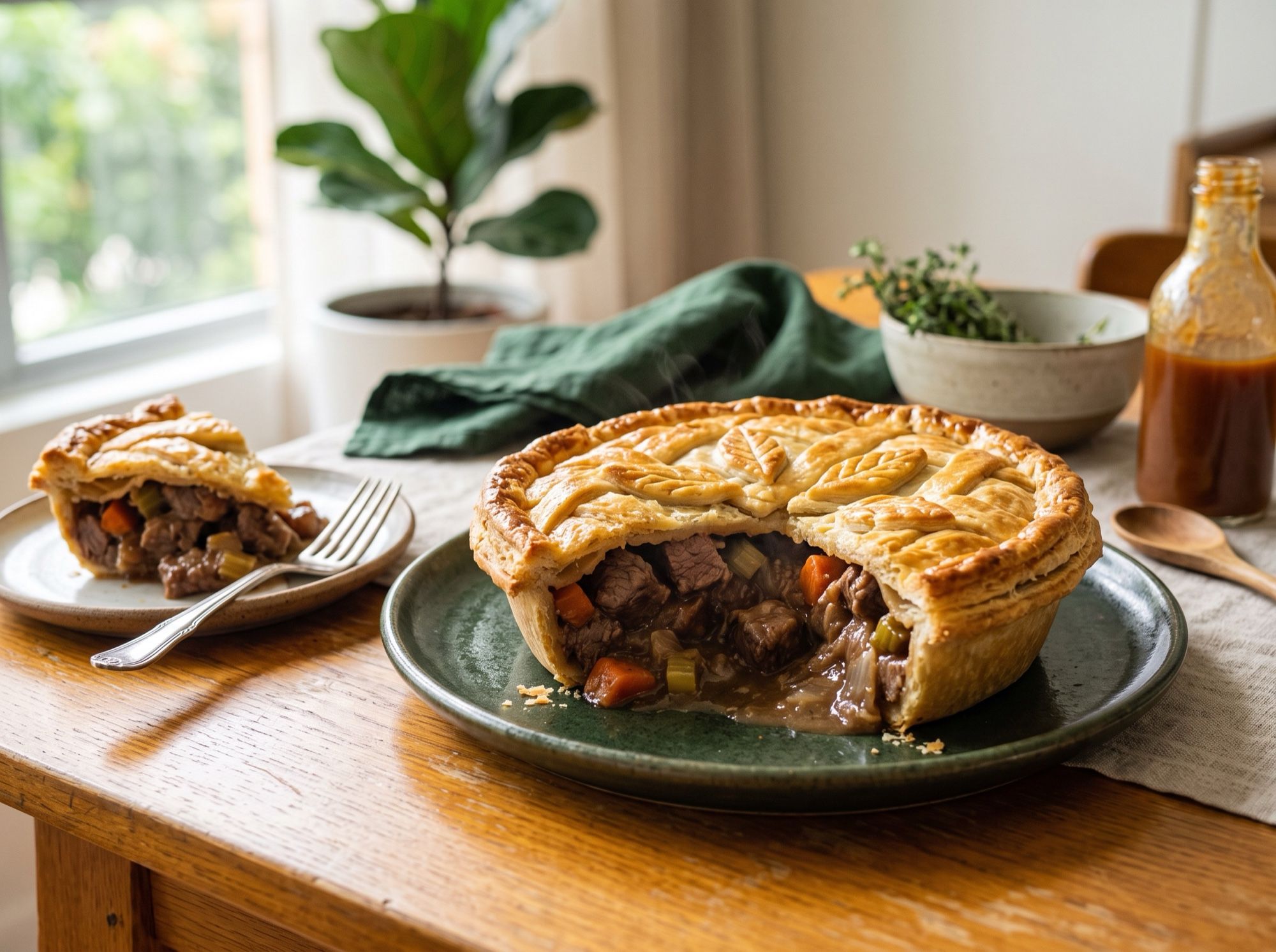 A beef steak pie with a slice taken out, showing chunks of slow-cooked beef in dark gravy