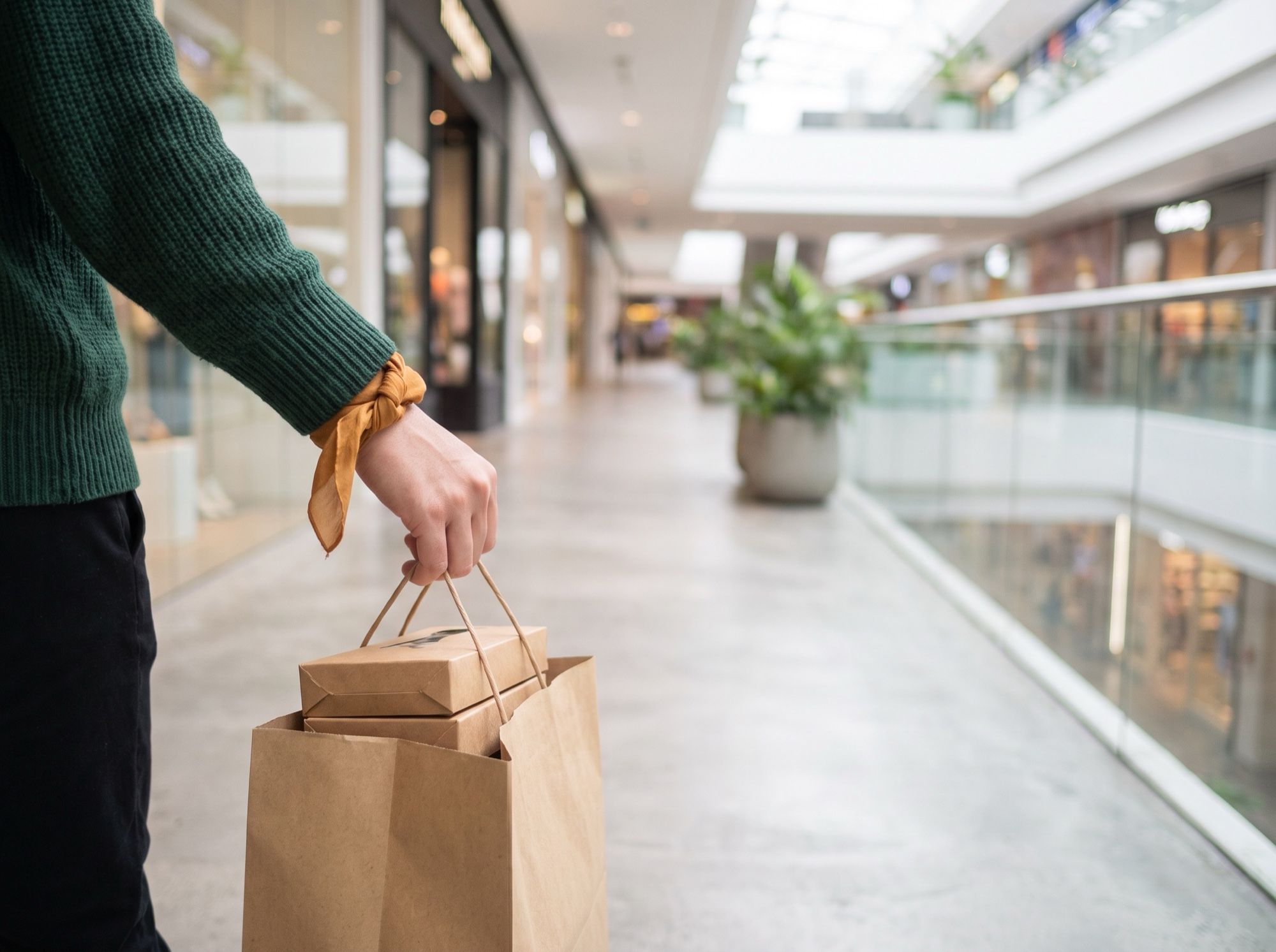 A hand carrying a brown paper takeaway bag of pie boxes along a bright mall walkway