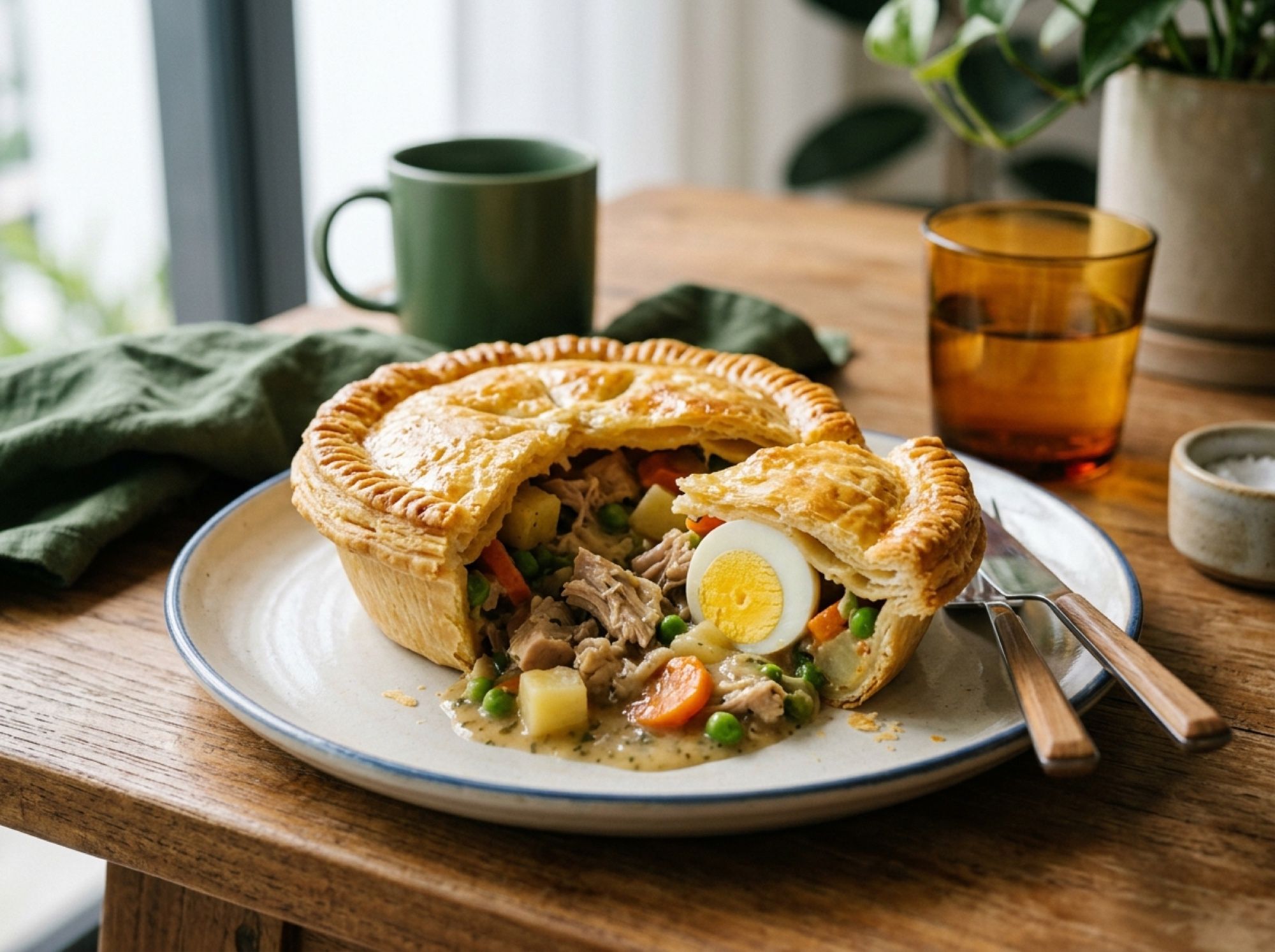 A golden chicken pie cut open to show chicken, potato, peas and carrot in gravy with half a hard-boiled egg