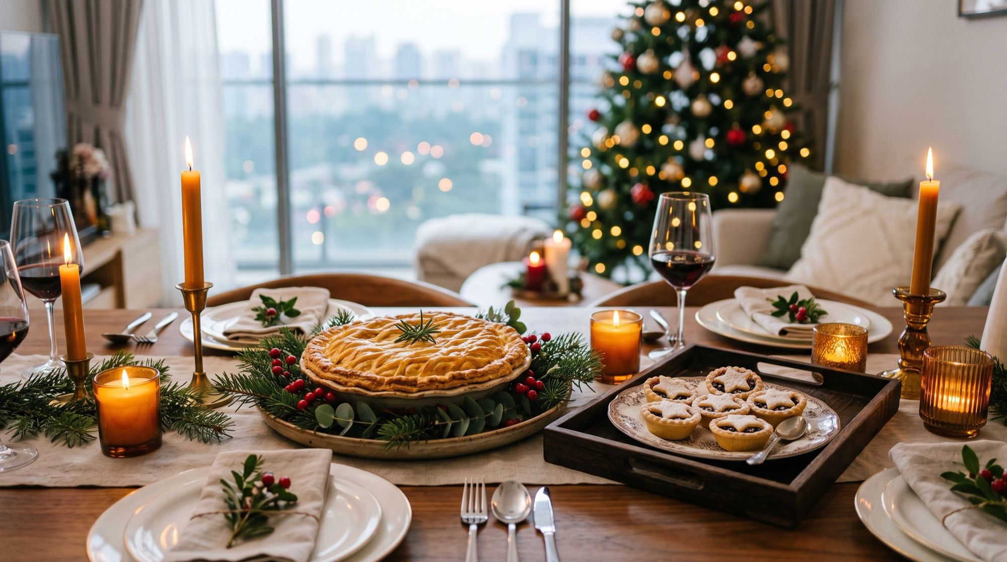 A Christmas dinner table with a large savoury pie, a tray of small mince pies and pine sprigs