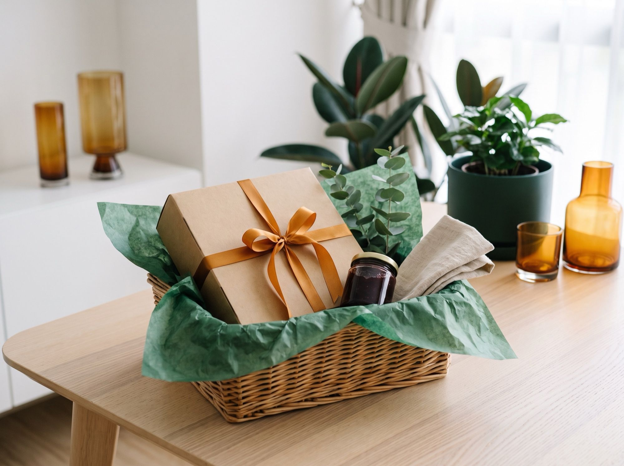 A woven gift hamper lined with green tissue paper, holding a kraft pie box tied with amber ribbon and a small jar of jam
