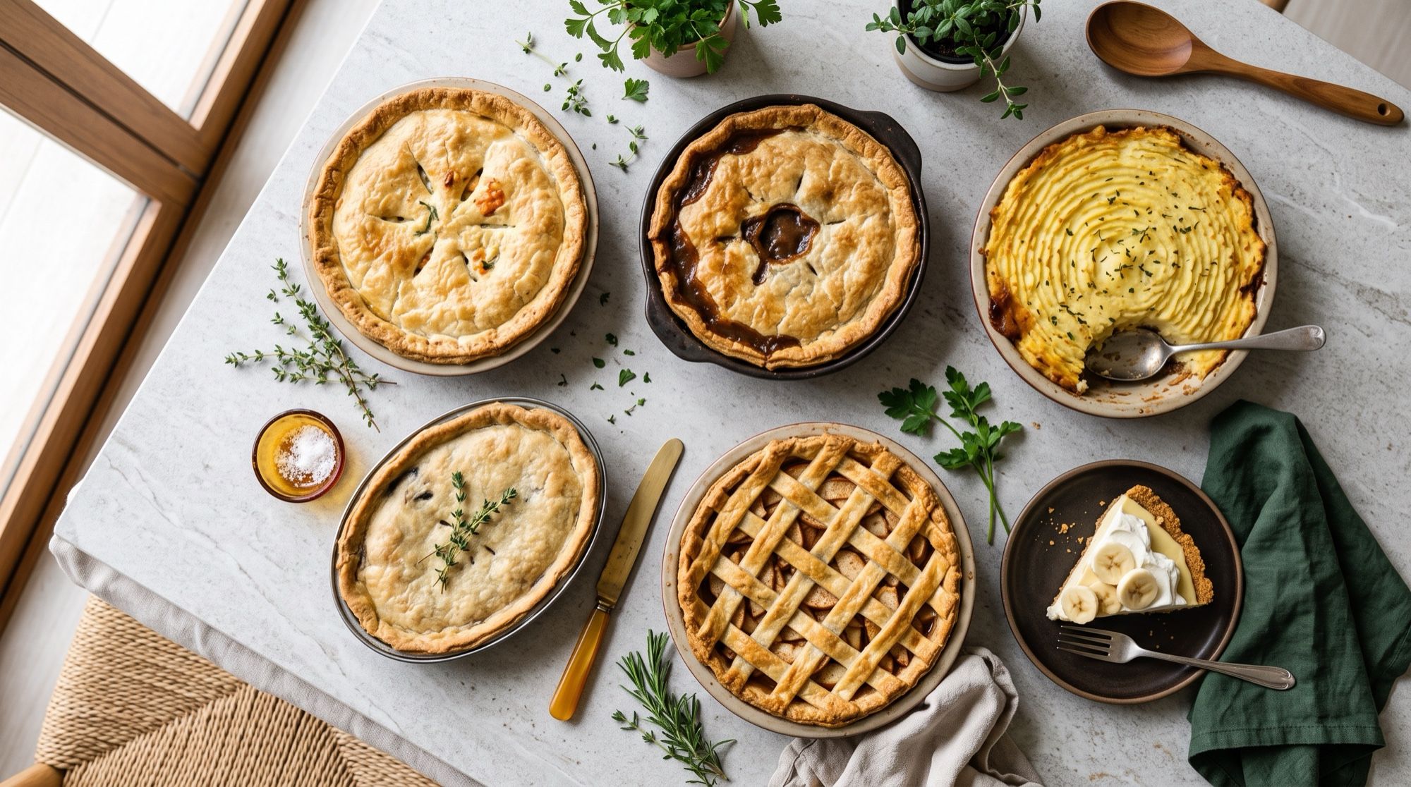 Overhead flat lay of different types of pies: chicken, beef, shepherd's pie, mushroom, apple lattice and a sweet slice