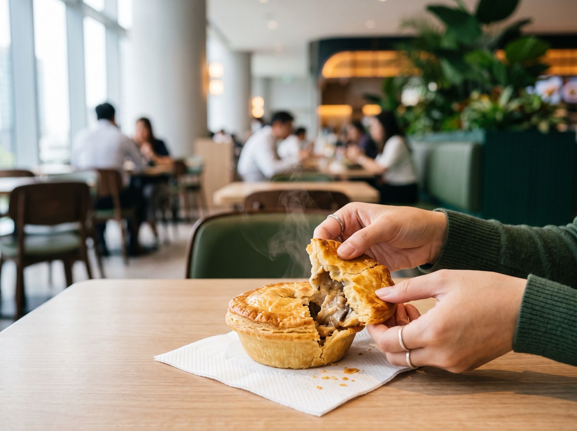 Hands breaking open a warm personal pie on a napkin at a shared food court table