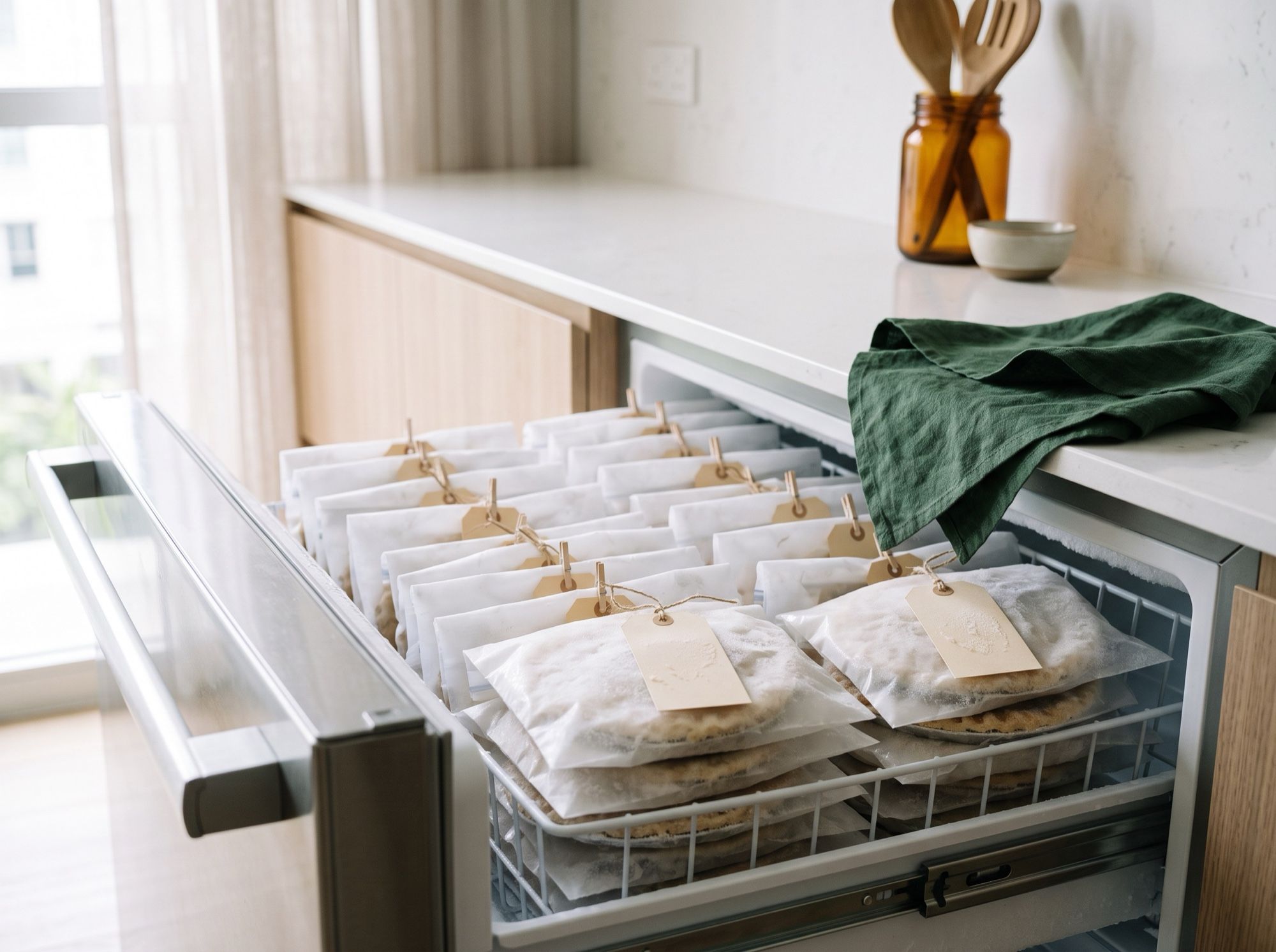 A freezer drawer holding neatly stacked frozen pies in plain freezer bags with blank tags