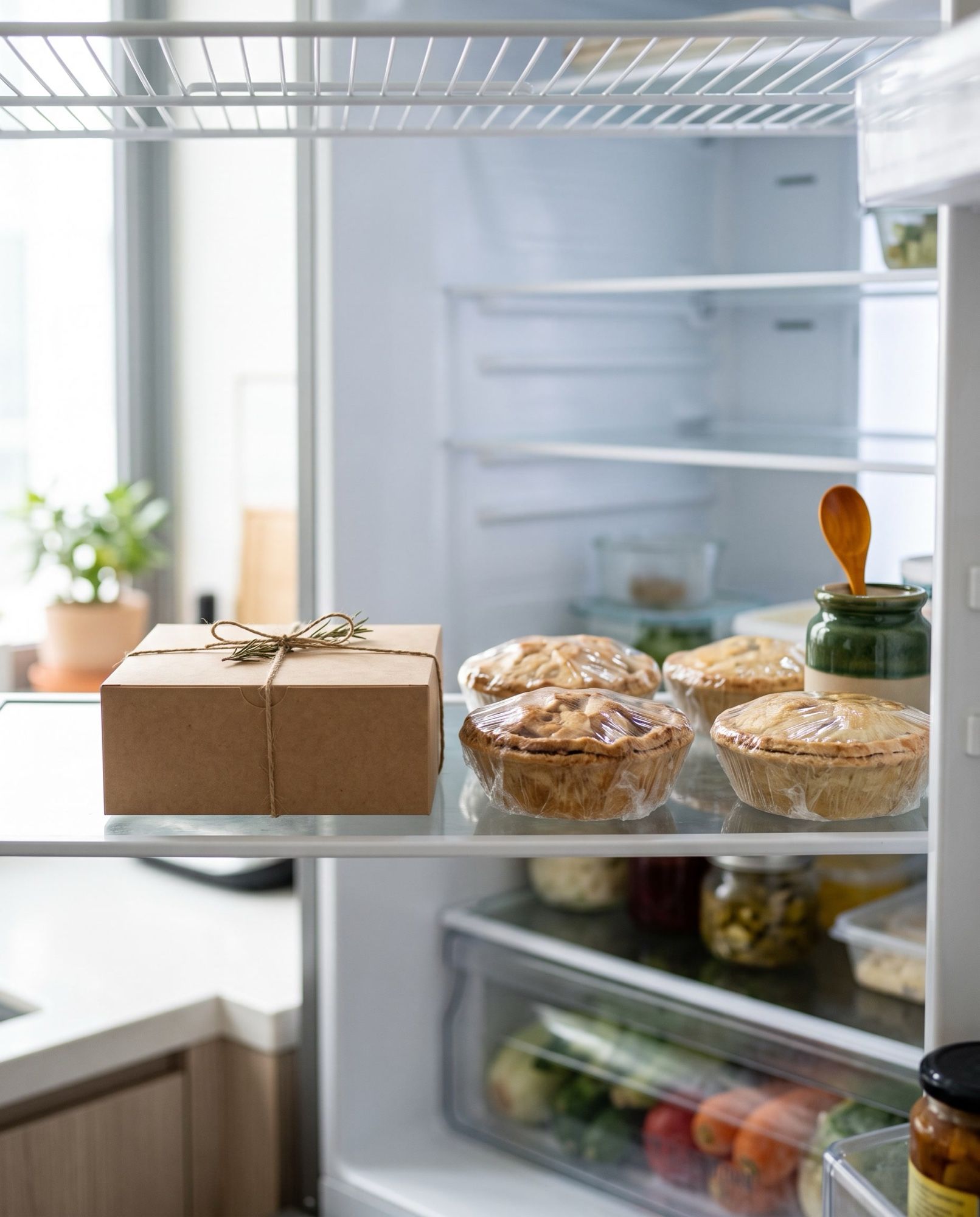 Personal pies wrapped in cling film on a home fridge shelf next to a closed pie box
