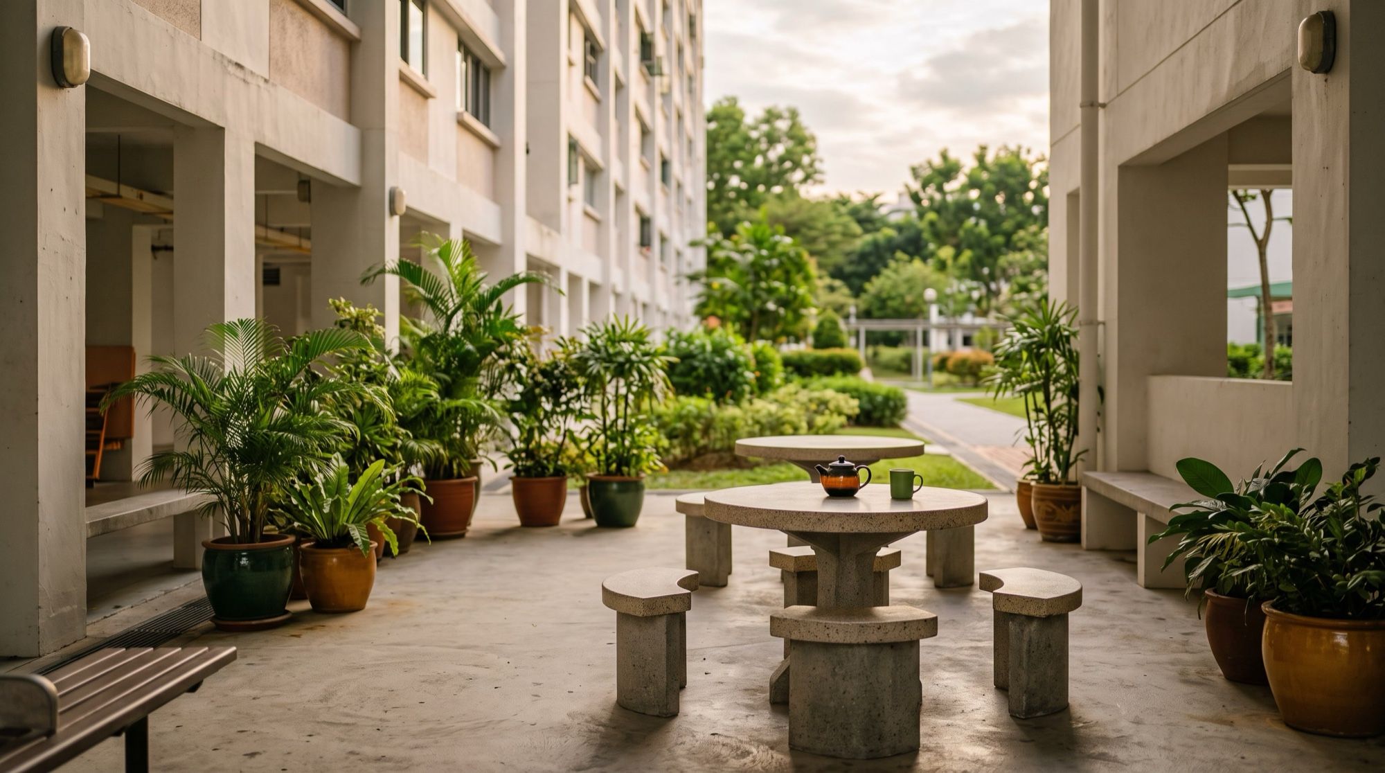 An HDB void deck with stone tables in warm afternoon light