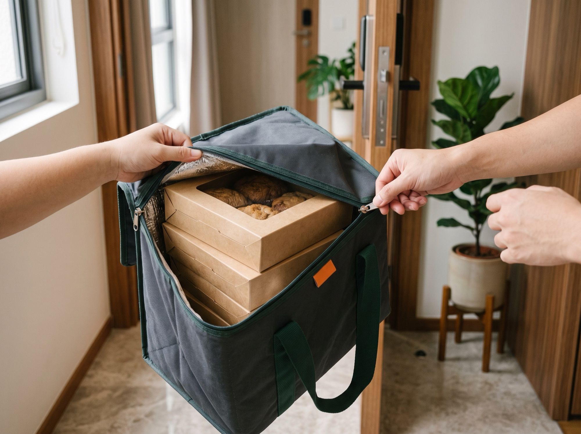 An insulated delivery bag unzipped to show stacked kraft pie boxes at an apartment door