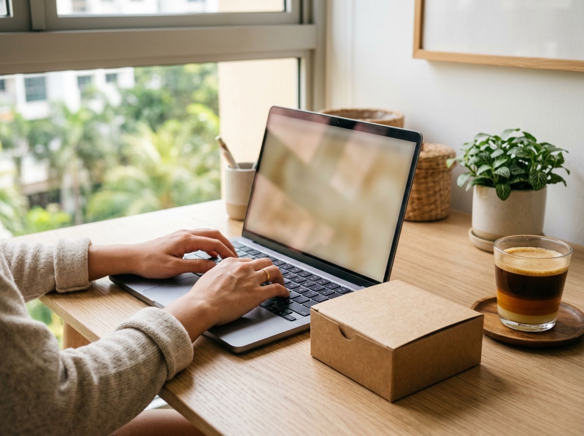 Hands placing an online pie order on a laptop beside a kraft pie box and a cup of kopi