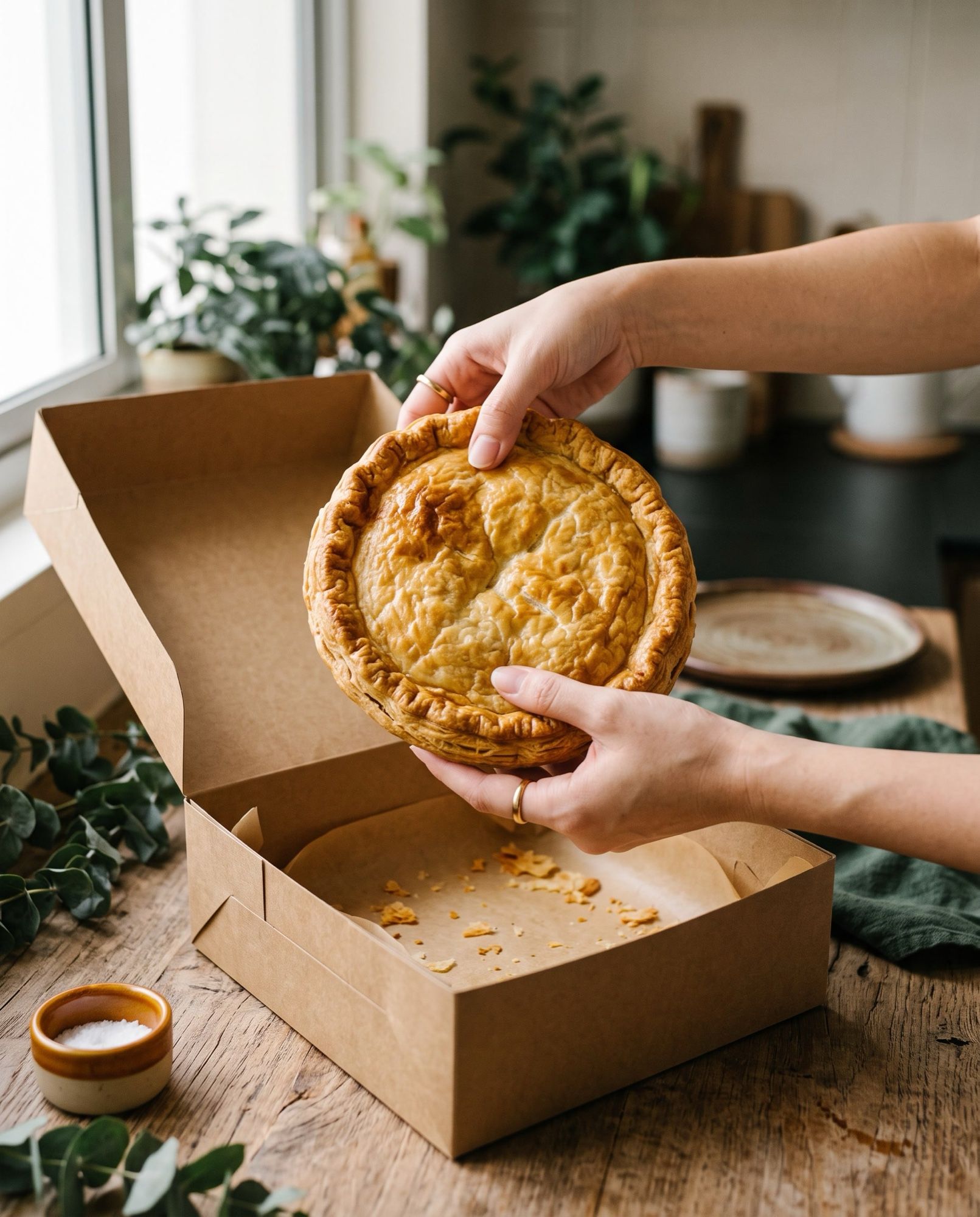 Two hands lifting a round golden chicken pie out of an open kraft pie box