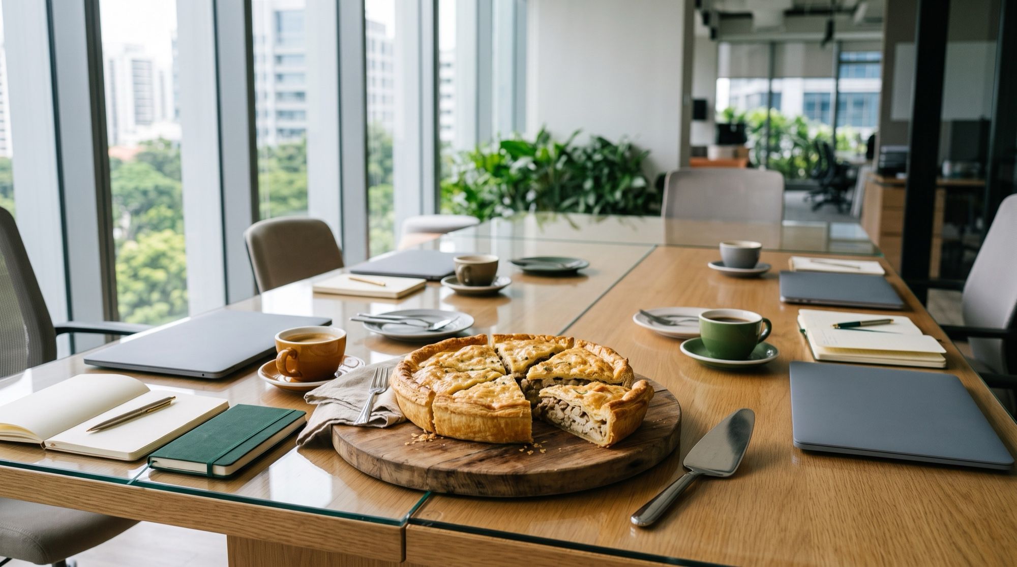 A whole pie cut into neat portions on a board on a meeting room table with coffee cups