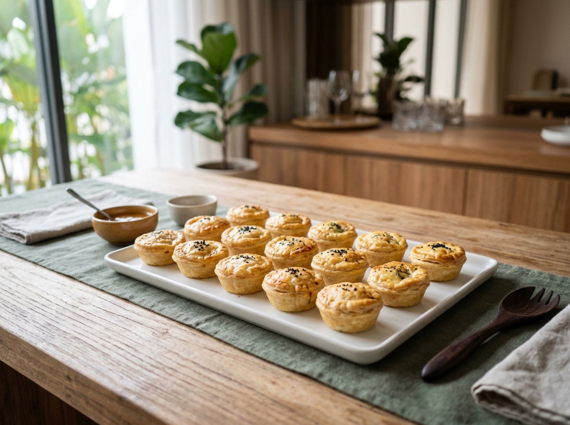 A large tray of bite-size mini party pies arranged in rows for a buffet