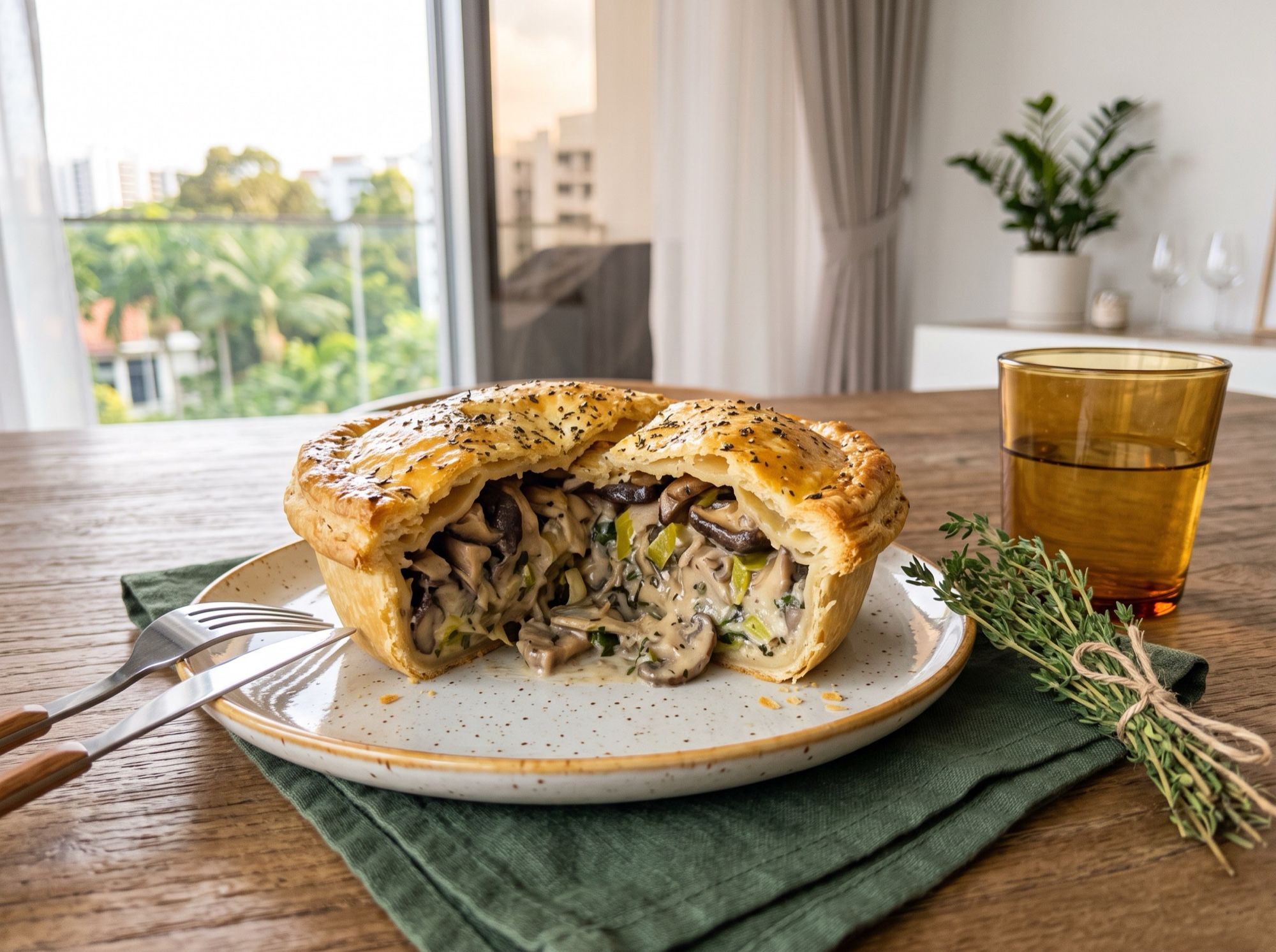 A vegetarian mushroom pie cut open to show mixed mushrooms and leeks in a creamy sauce