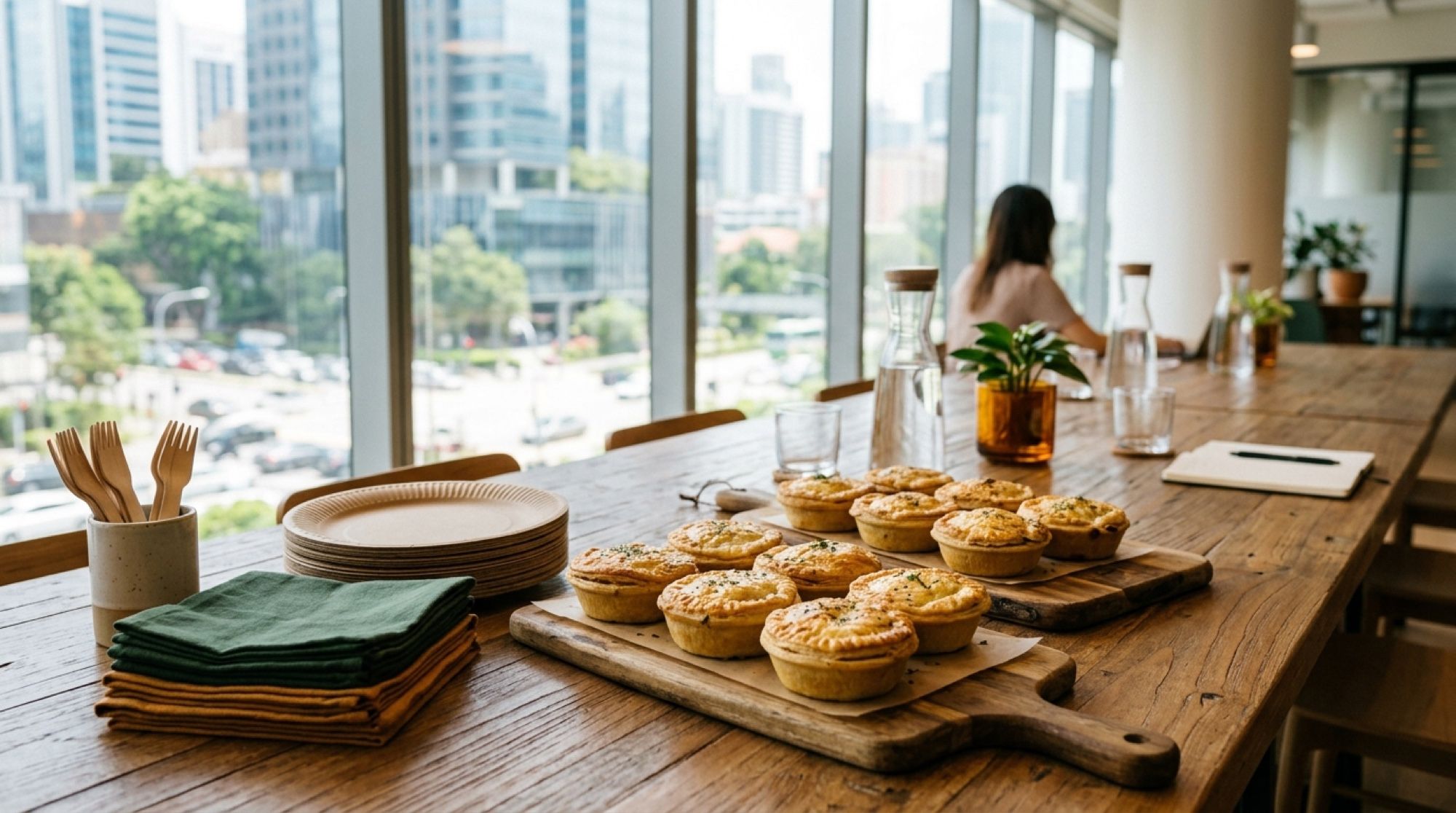 Assorted personal-size savoury pies on wooden boards with paper plates, set out on an office pantry table