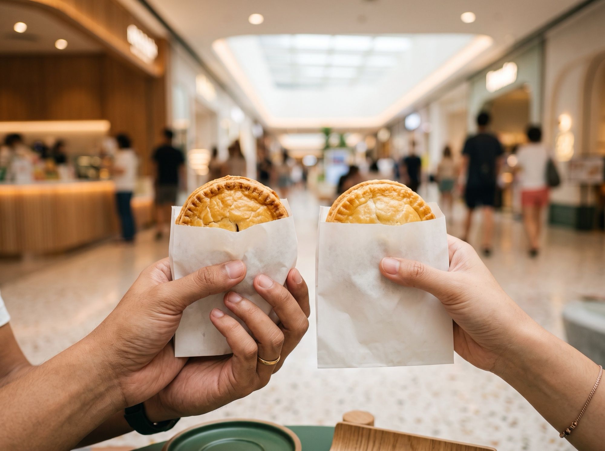 Two hands holding personal chicken pies in white paper sleeves in a bright mall concourse