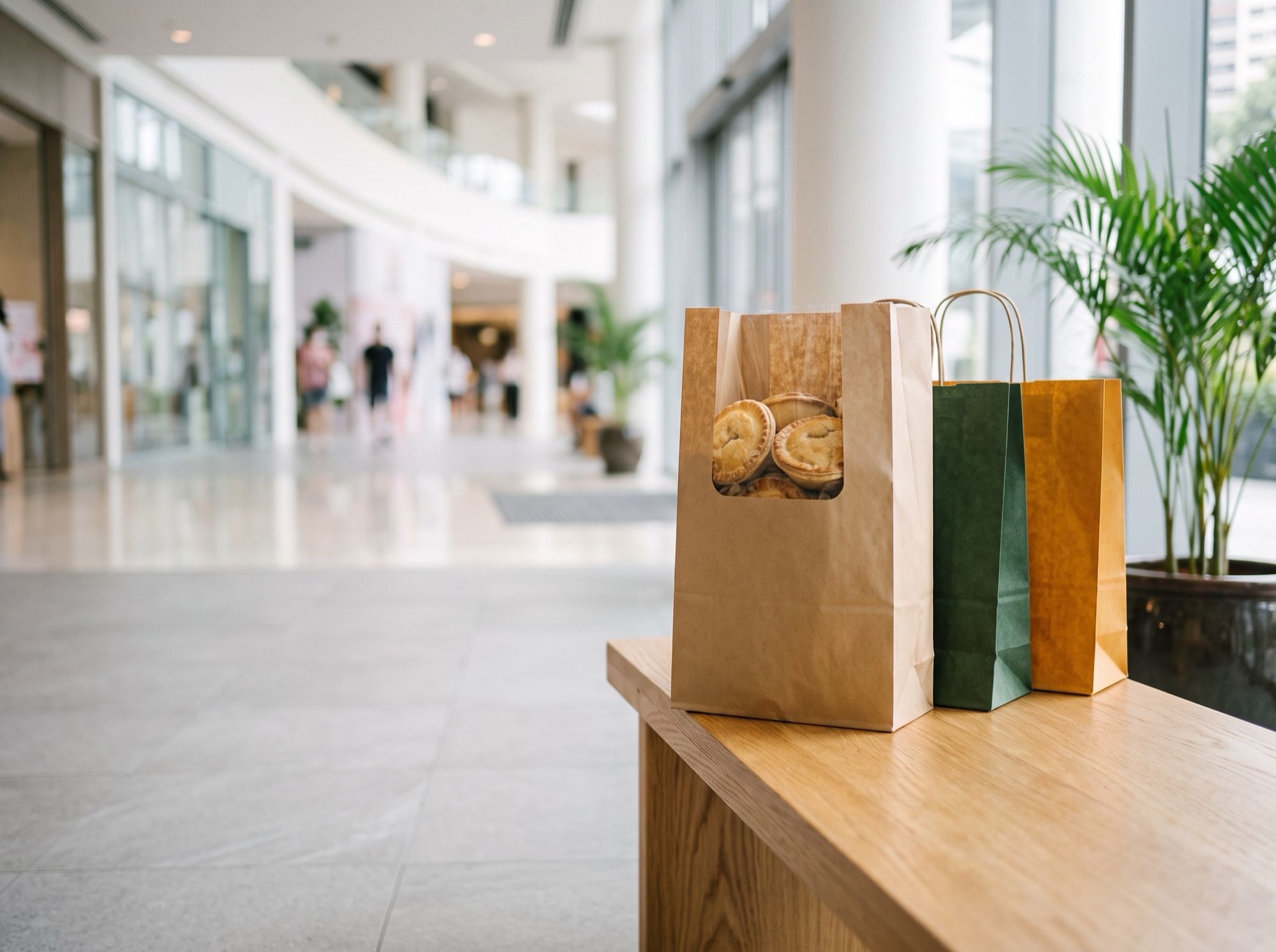 A brown paper bag of pies on a bench beside shopping bags in a city mall