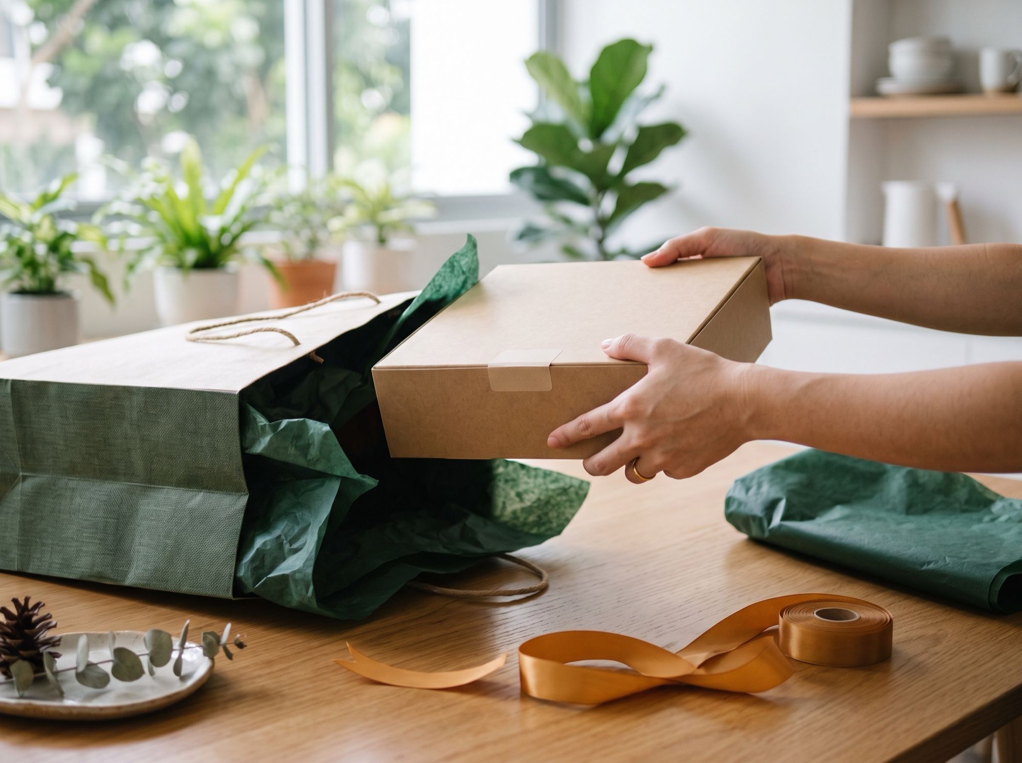 Hands placing a kraft pie box into a gift bag with green tissue paper