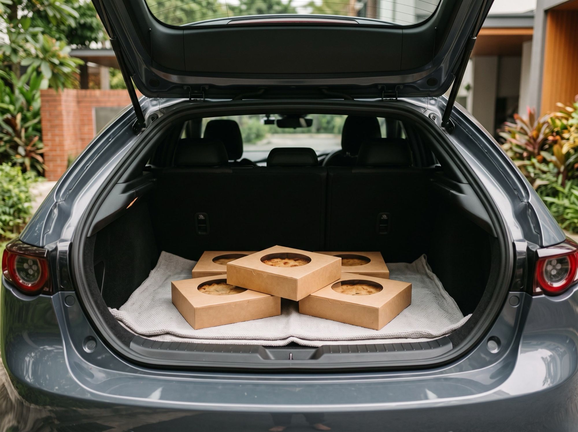 Kraft pie boxes laid flat on a folded towel in a car boot for safe transport