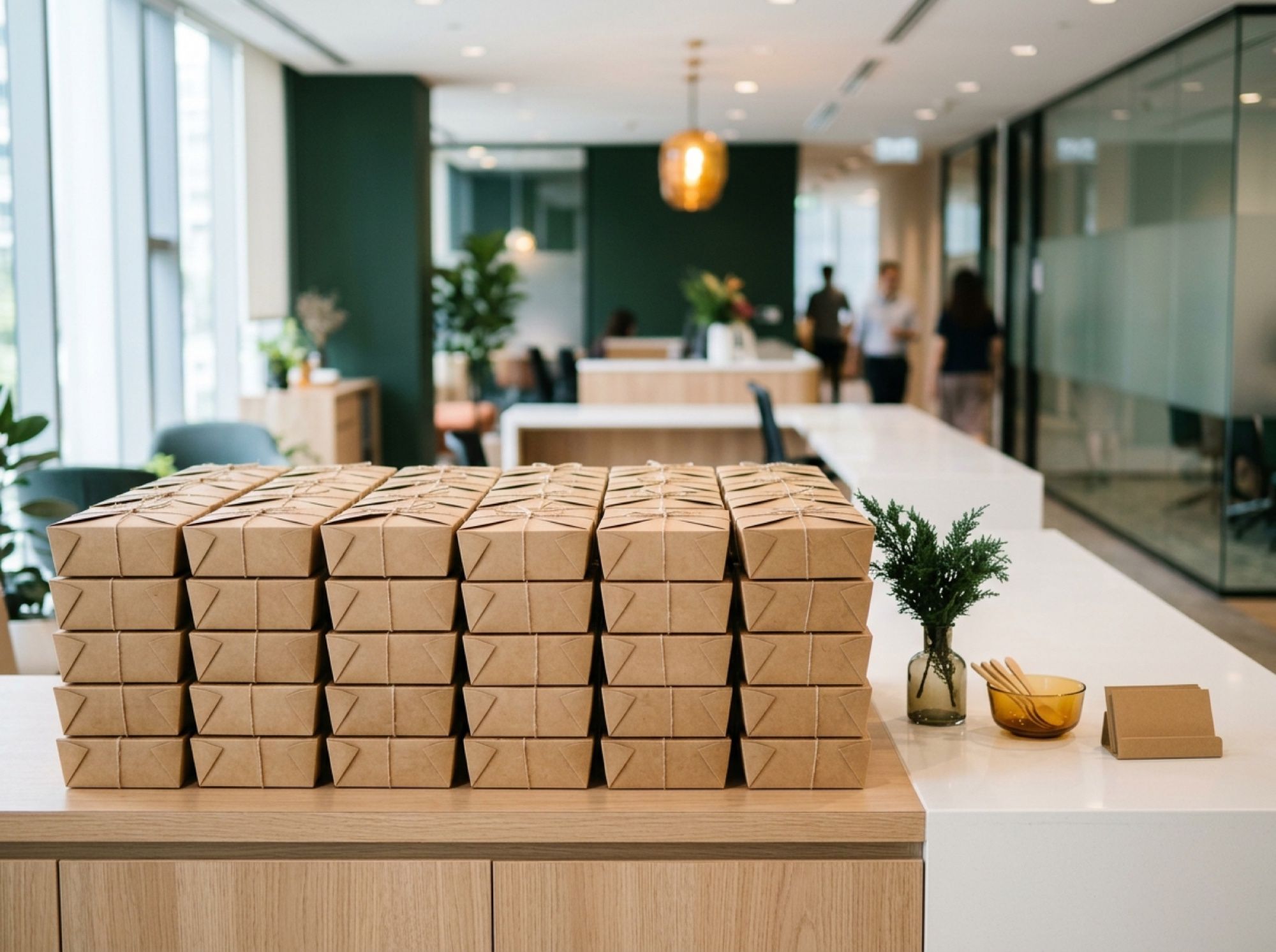 Kraft pie boxes stacked on an office reception counter for a corporate event