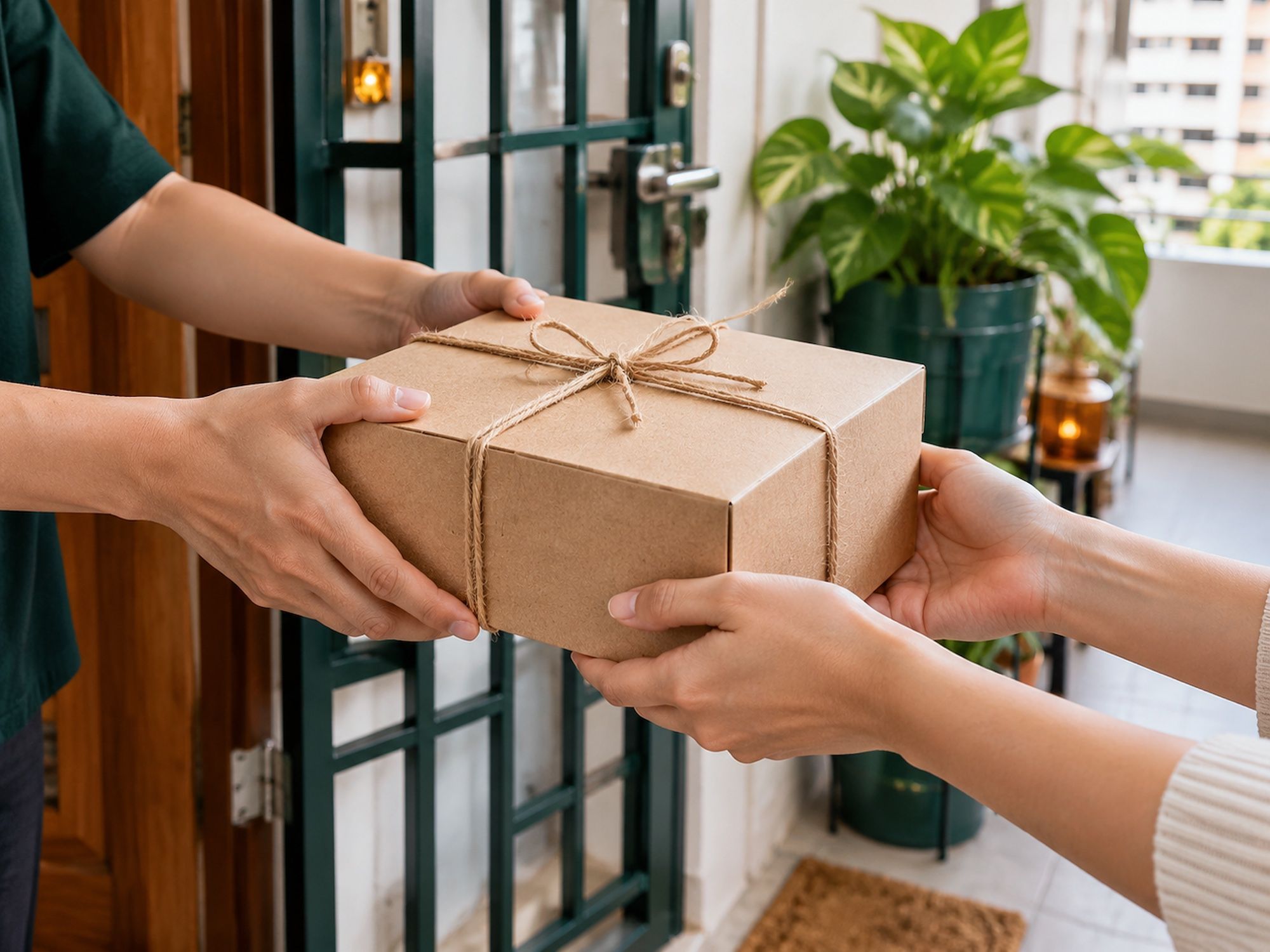Hands passing a twine-tied kraft pie box across the gate of an HDB flat during a pie delivery