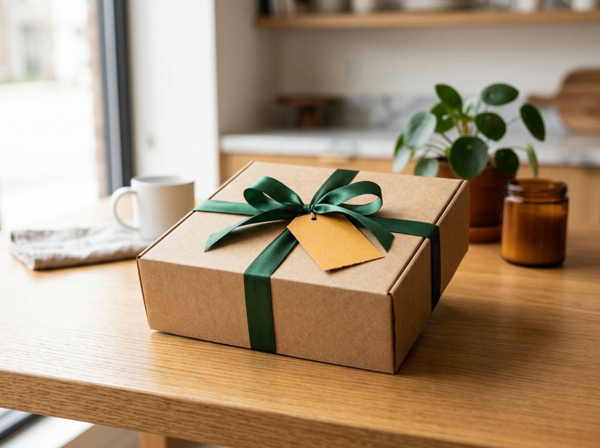 A kraft pie box tied with a forest green ribbon and a blank gift tag, ready to give