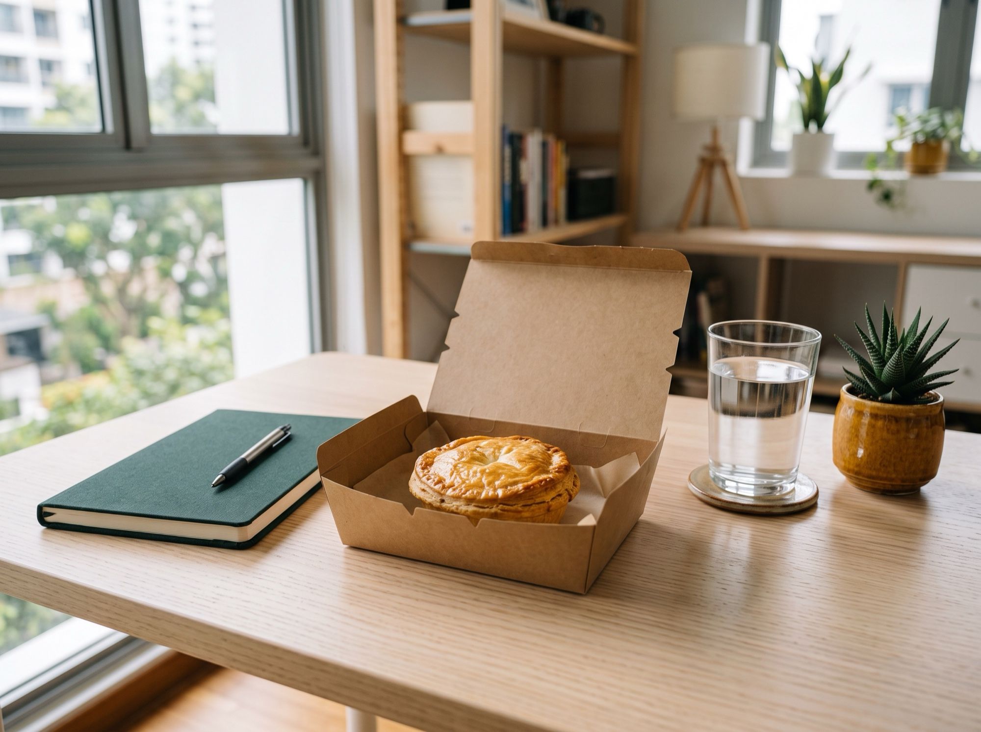 A personal golden pie in an open kraft lunch box on a tidy desk beside a notebook and a glass of water