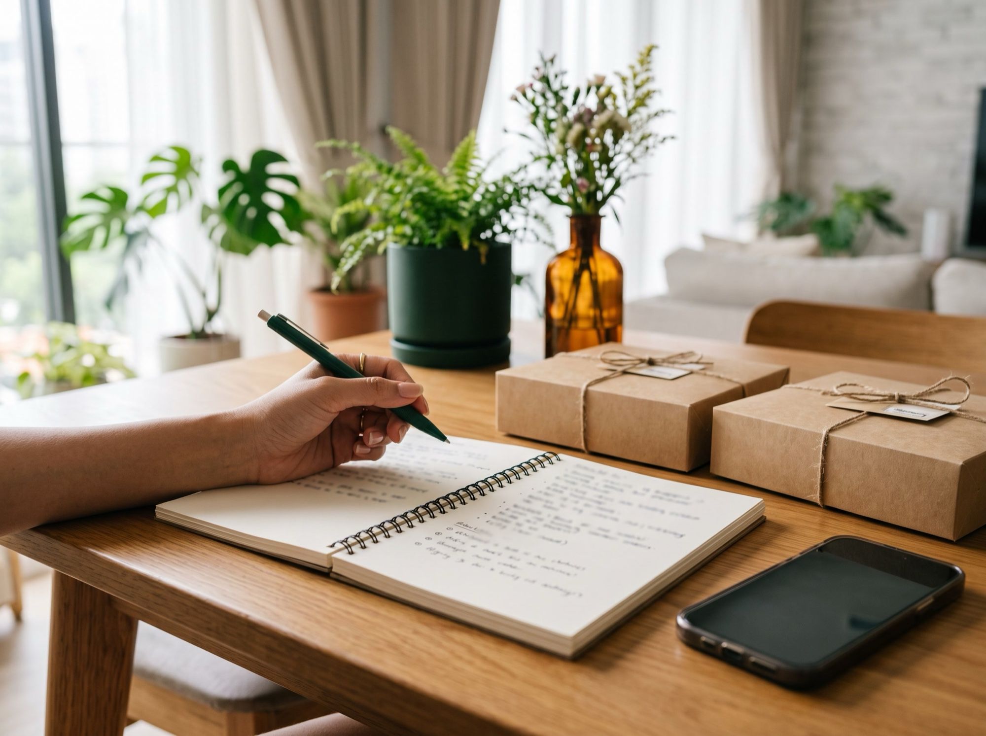A hand with a pen over a notebook beside two pie boxes while planning a pie order