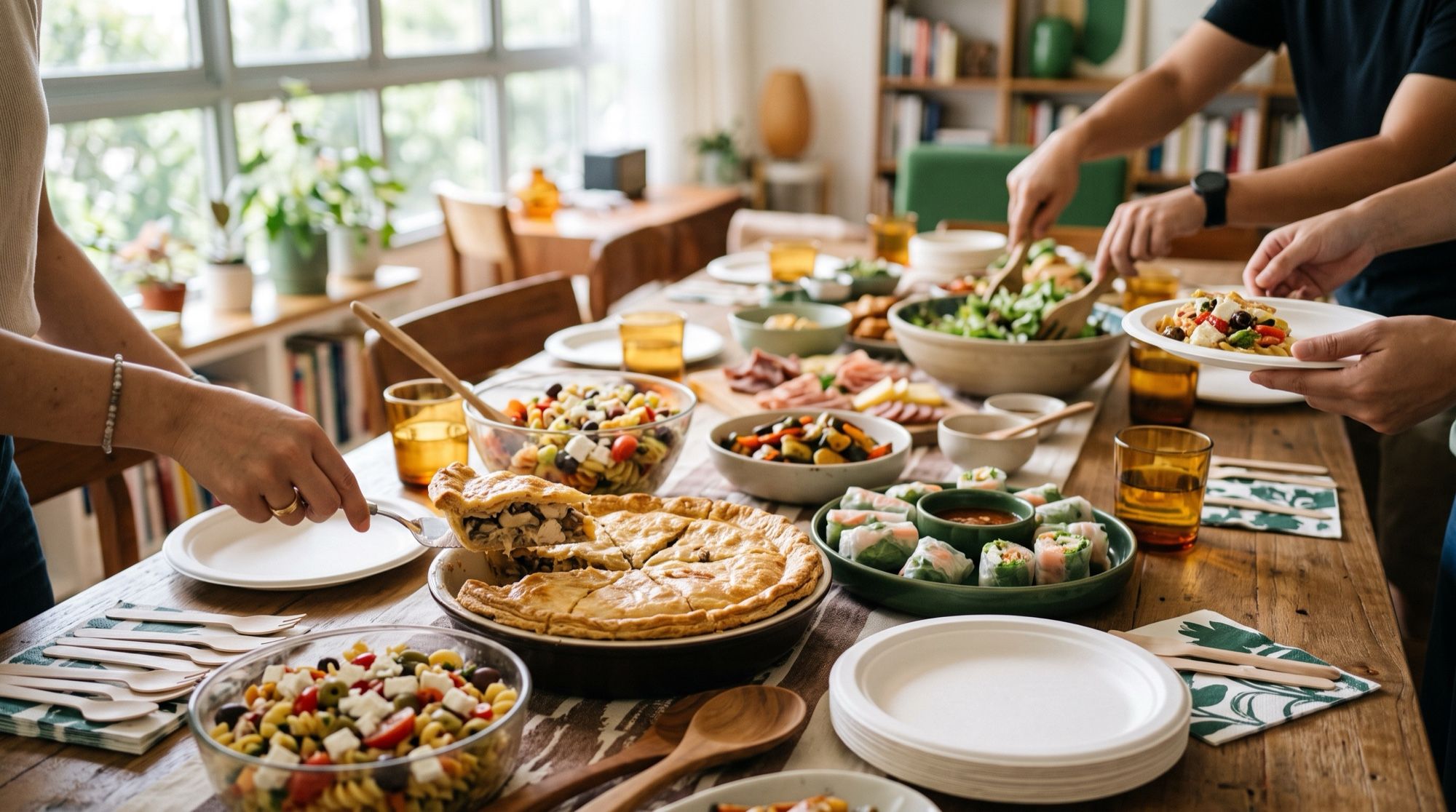 A home potluck table with a whole savoury pie cut into wedges among other dishes