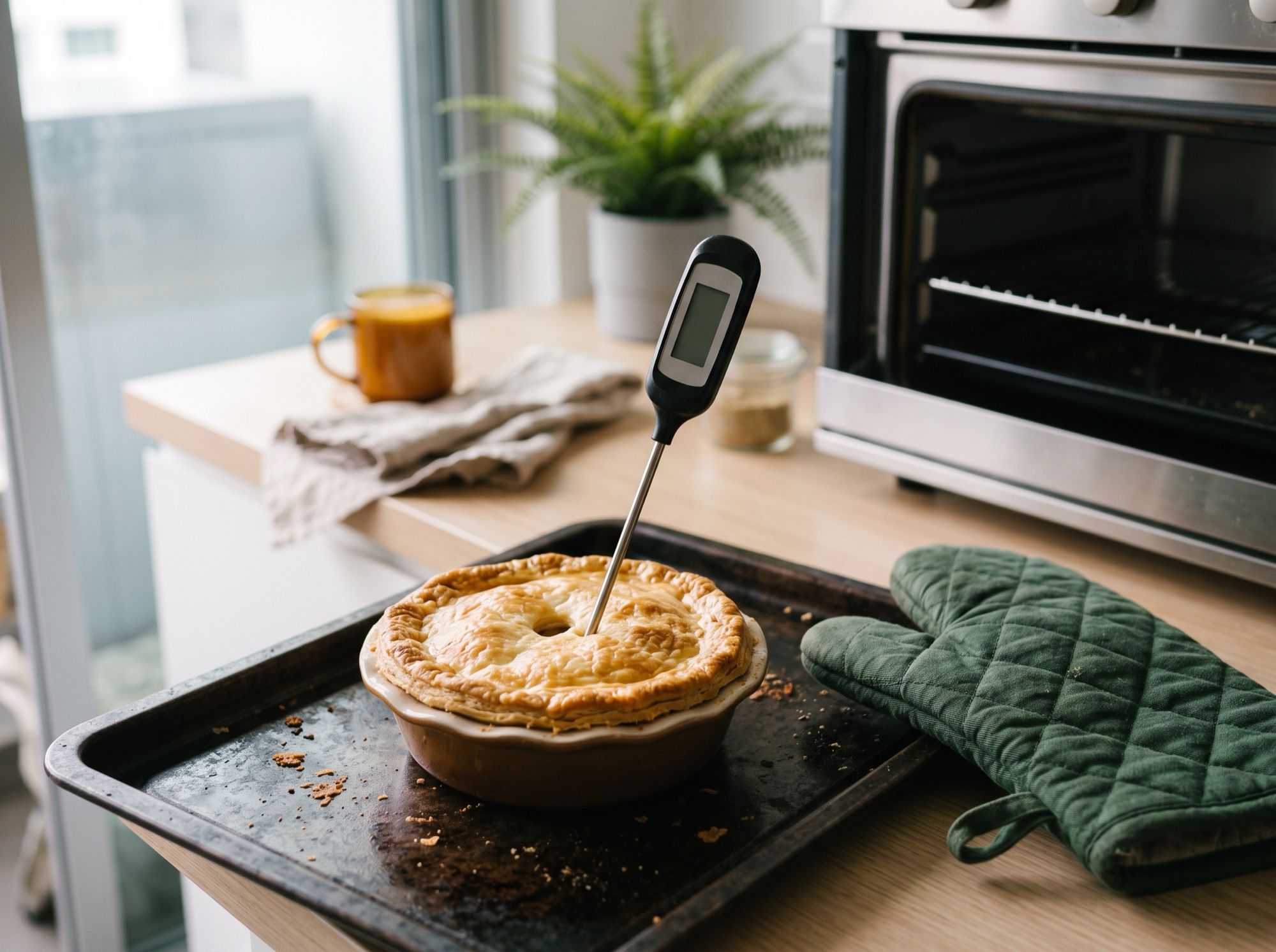 A digital probe thermometer pushed into the centre of a reheated golden pie on a baking tray