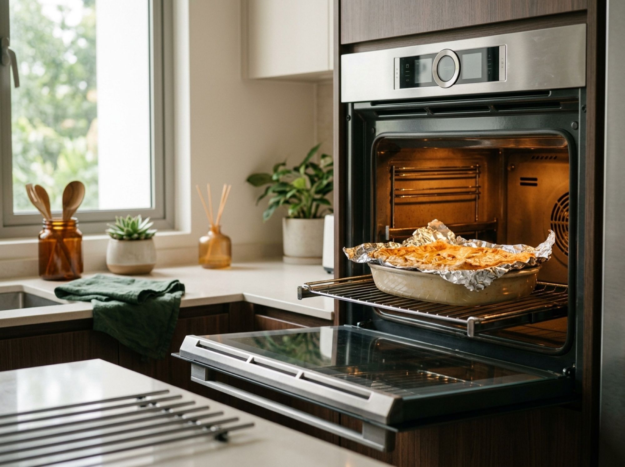 A pie on a baking tray, loosely covered with foil, being reheated in a home oven