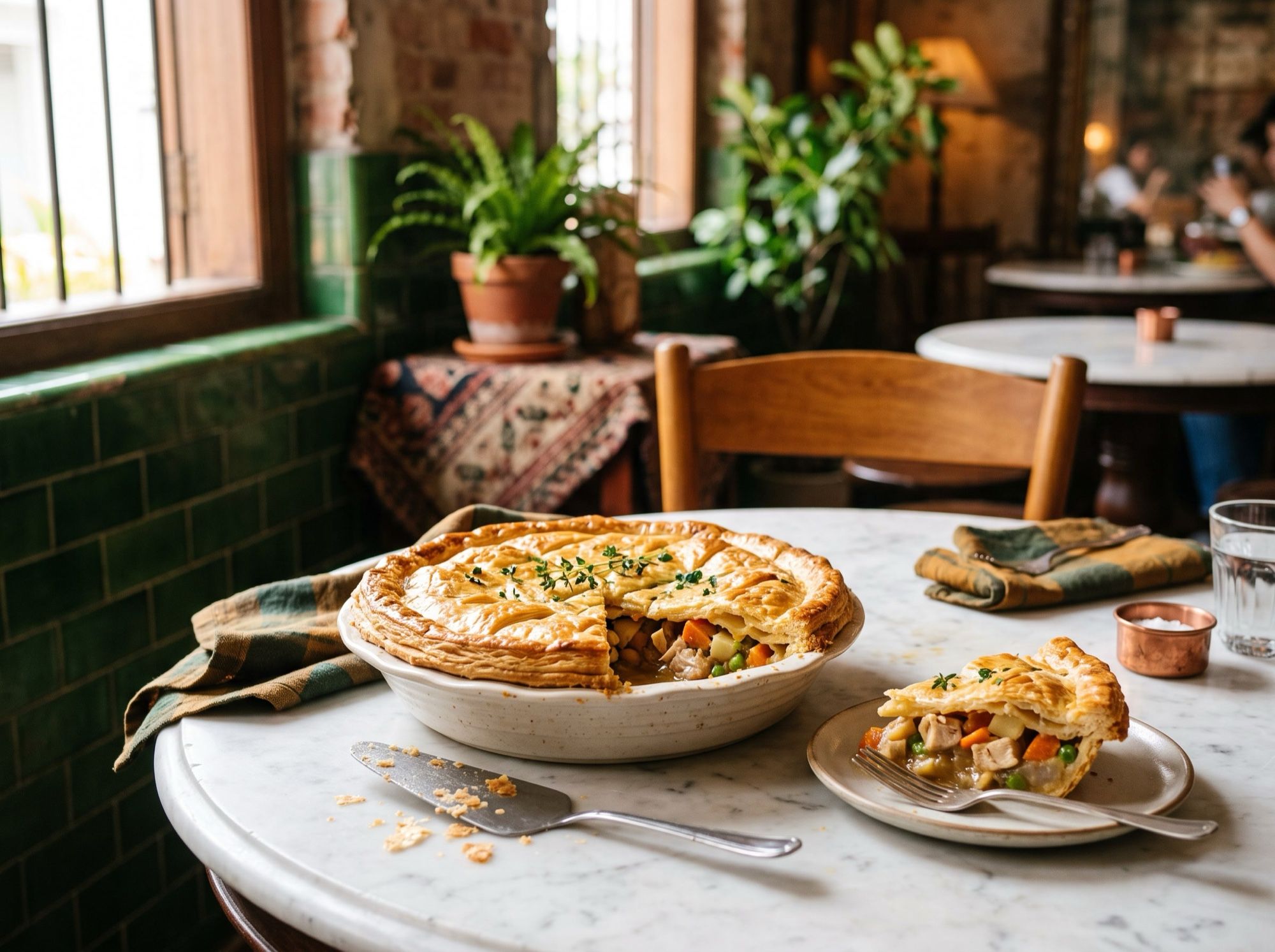 A whole golden chicken pie with one slice cut, on a marble table in a cosy shophouse-style restaurant