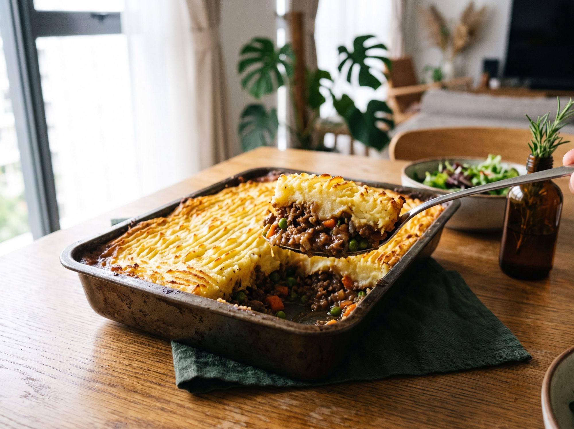 A rectangular tray of shepherd's pie with a ridged golden mashed potato top, one portion being lifted out