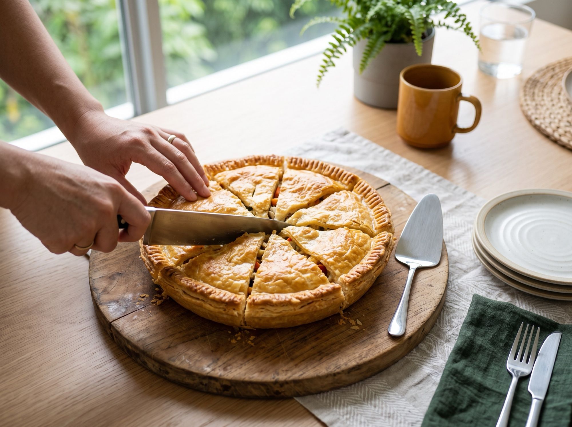 Two hands cutting a whole golden pie into eight even wedges on a round wooden board