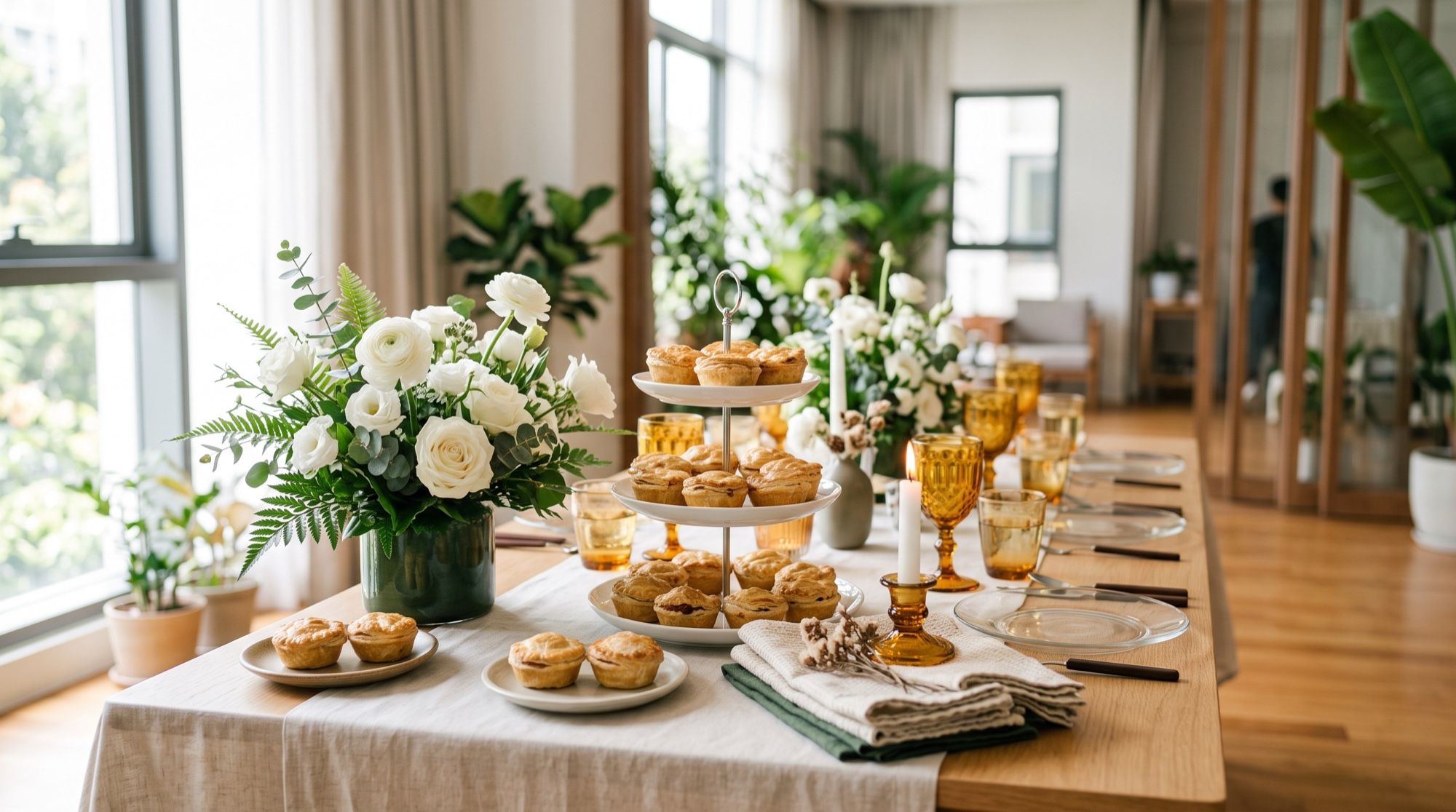 A wedding tea reception table with a tiered stand of small golden party pies, white flowers and amber glassware